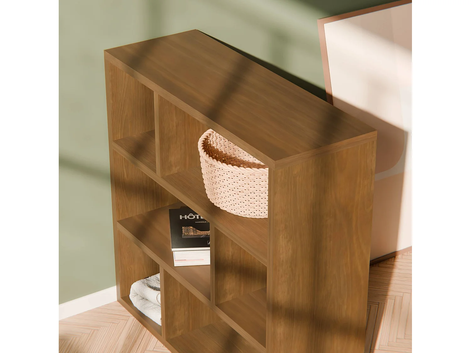 Libreria asimmetrica a 3 livelli con 6 vani, noce