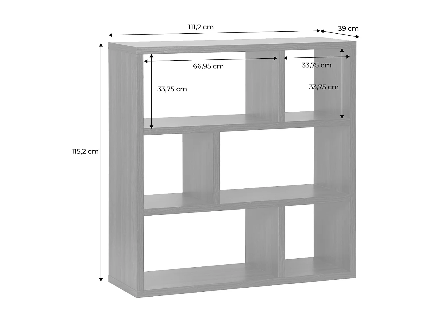 Libreria asimmetrica a 3 livelli con 6 vani, noce