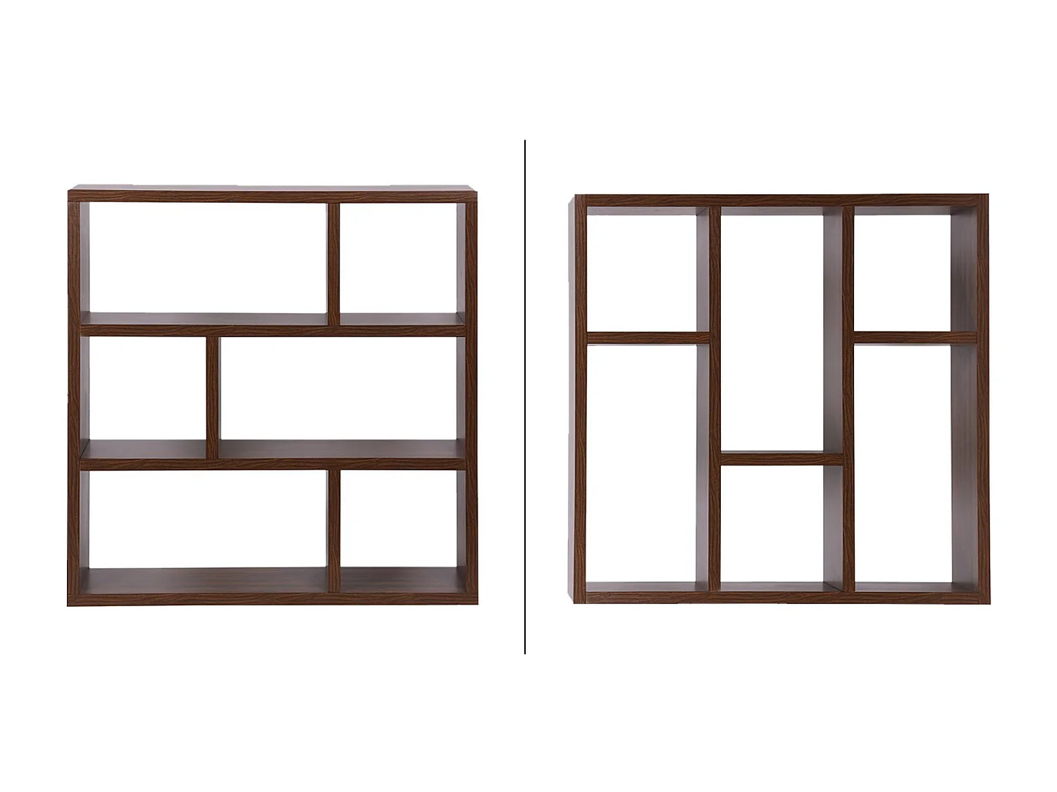 Etagère bibliothèque asymétrique 3 niveaux 6 compartiments. casiers. effet bois de noyer.  L 111.2 x P 39 x H 115.2cm