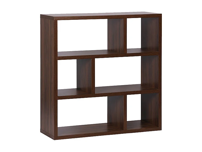 Libreria asimmetrica a 3 livelli con 6 vani, noce