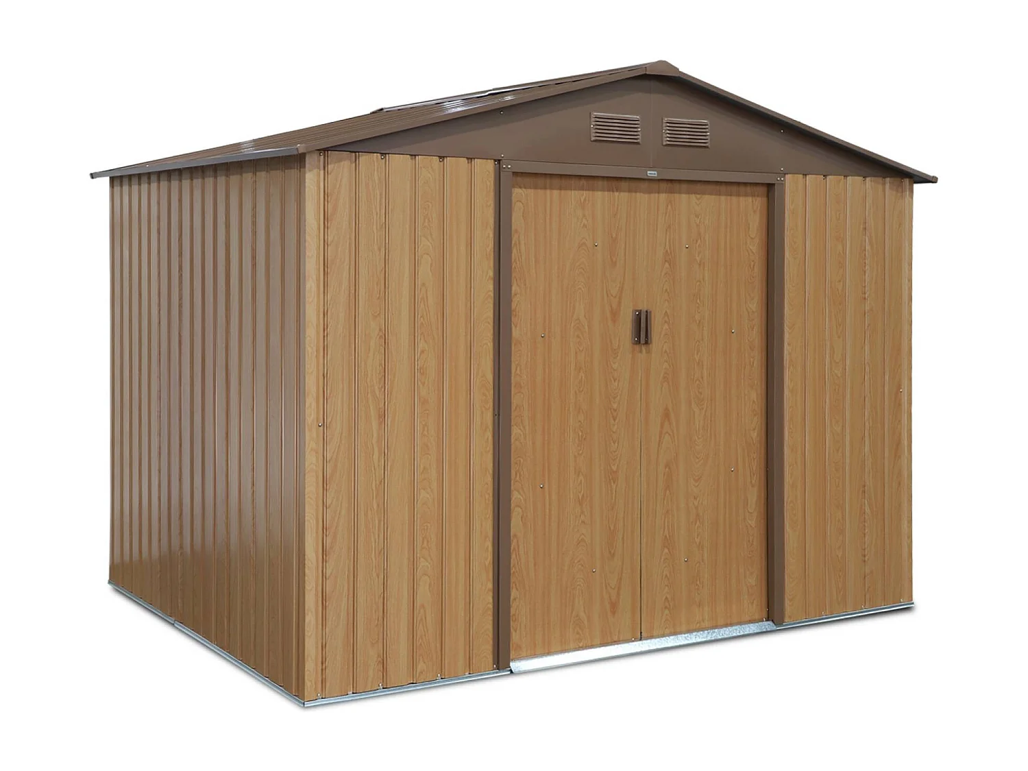 Abri de jardin en métal - FERRAIN 5.29m² couleur chêne - Cabane à outils avec deux grandes portes coulissantes. kit de fixation sol inclus. maison de rangement.