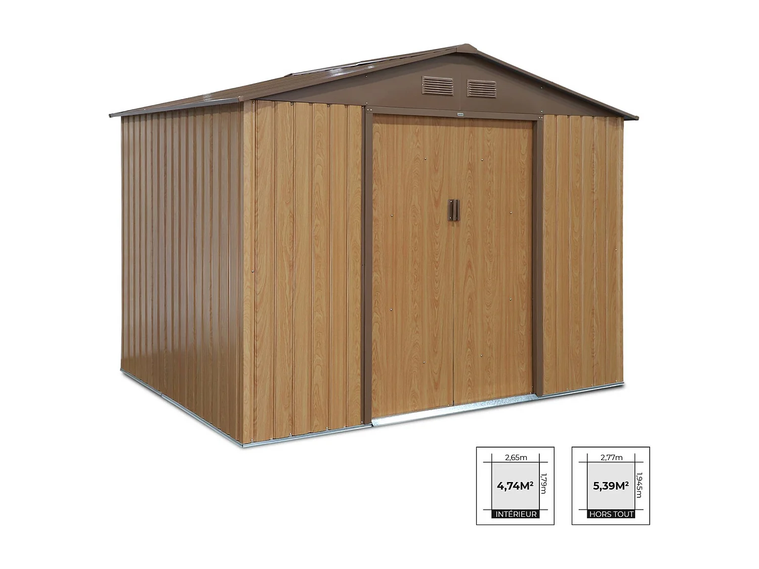 Abri de jardin en métal - FERRAIN 5.29m² couleur chêne - Cabane à outils avec deux grandes portes coulissantes. kit de fixation sol inclus. maison de rangement.