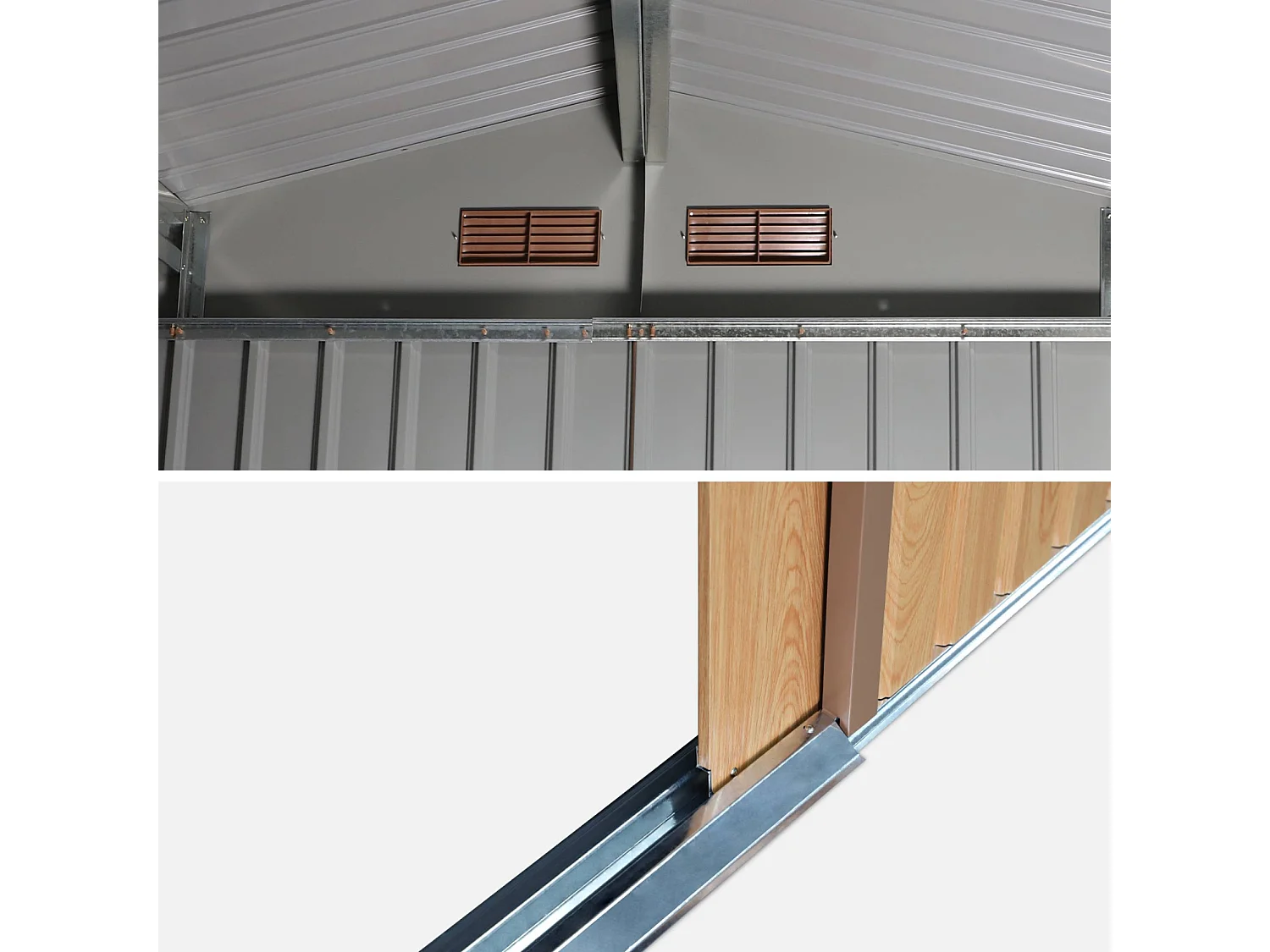 Abri de jardin en métal - FERRAIN 5.29m² couleur chêne - Cabane à outils avec deux grandes portes coulissantes. kit de fixation sol inclus. maison de rangement.