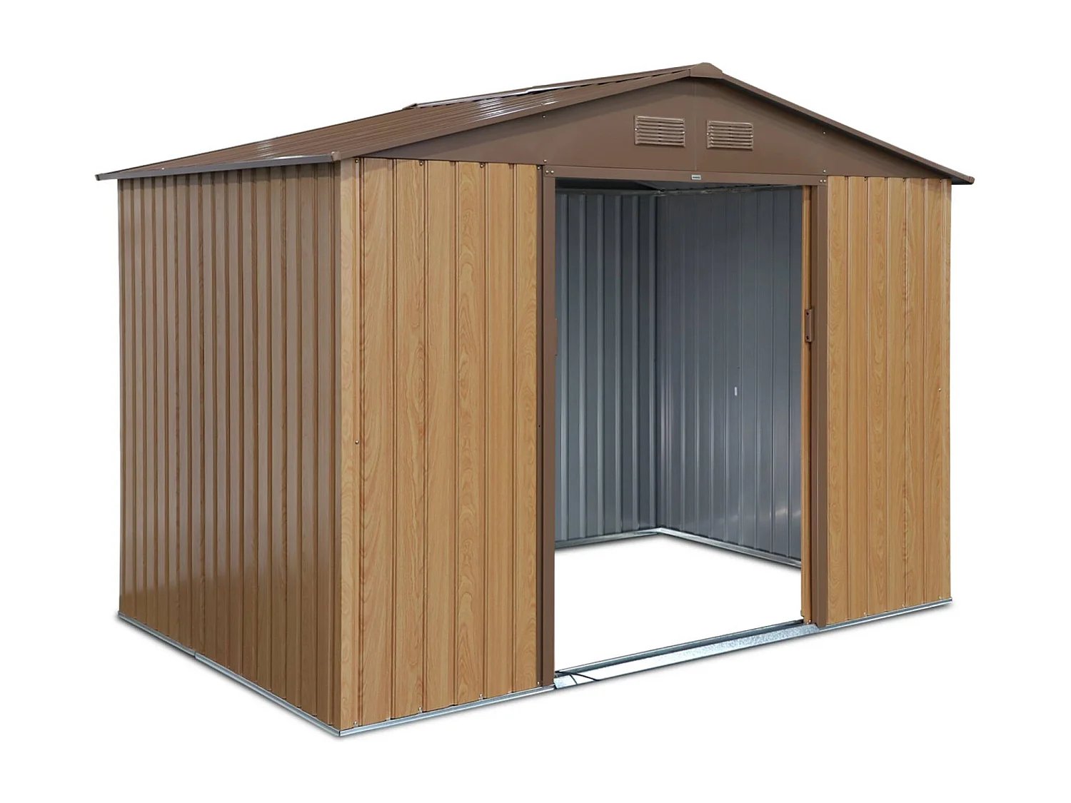 Abri de jardin en métal - FERRAIN 5.29m² couleur chêne - Cabane à outils avec deux grandes portes coulissantes. kit de fixation sol inclus. maison de rangement.