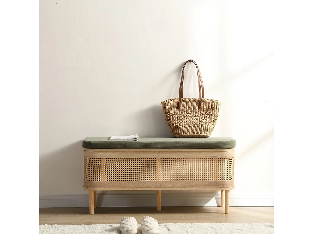 Banc d'entrée avec rangement pour chaussures en bois et cannage 100 cm - Bali