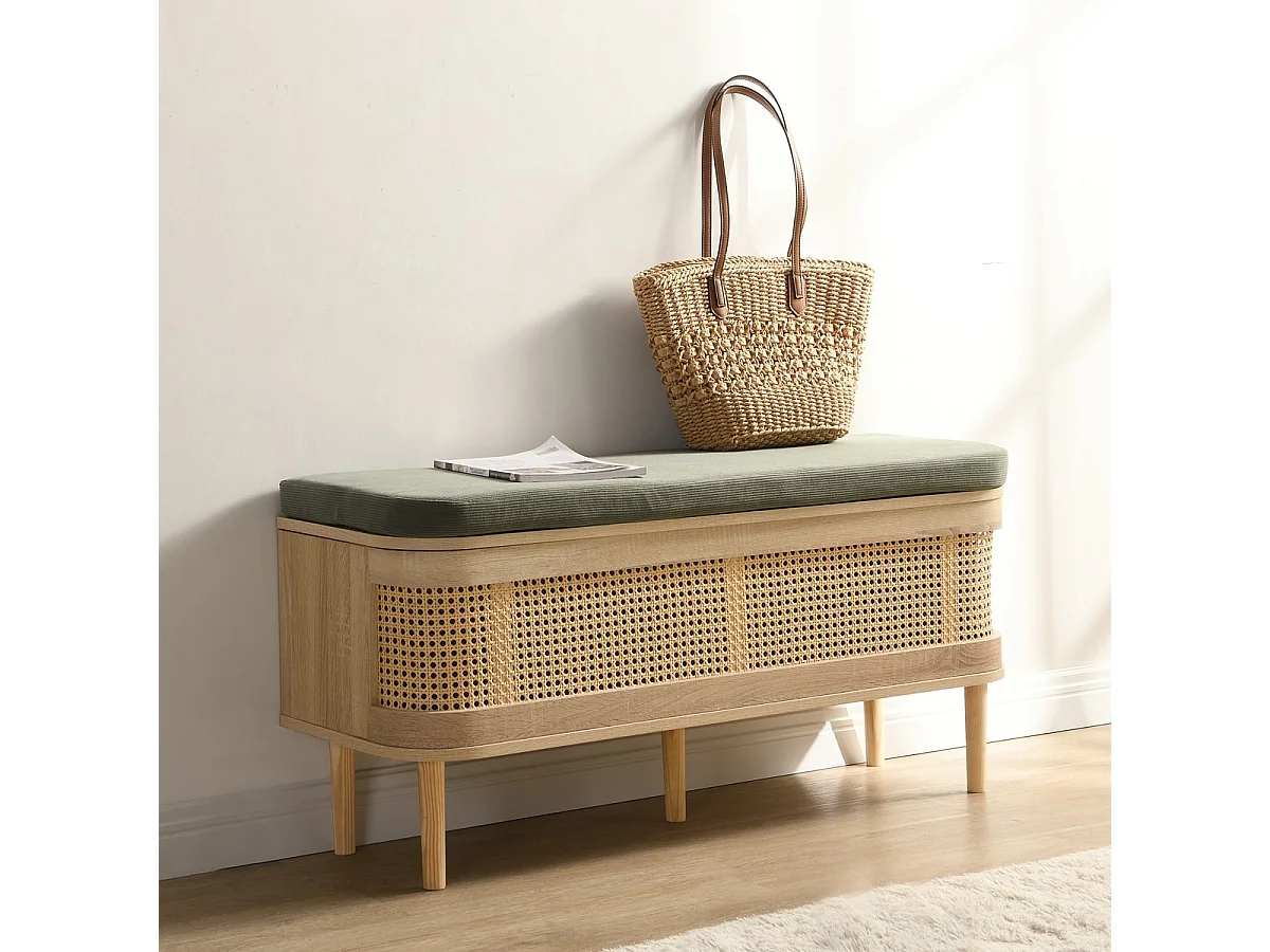 Banc d'entrée avec rangement pour chaussures en bois et cannage 100 cm - Bali