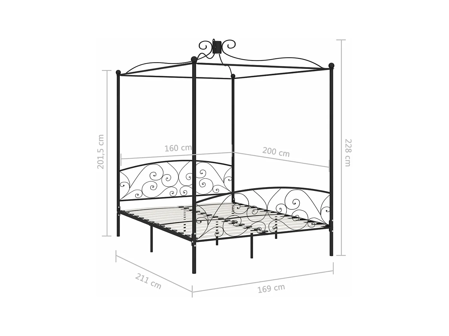 Hemelbedframe metaal zwart 160x200 cm