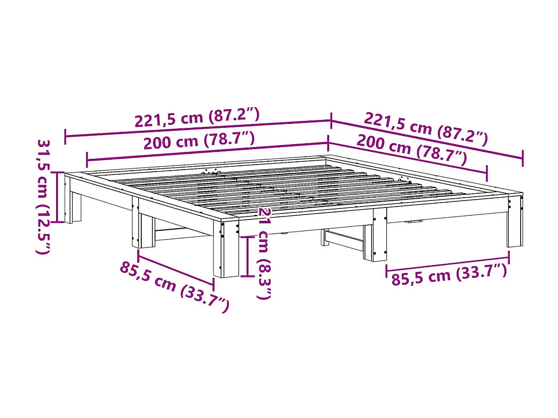 Cama sem colchão 200x200 cm pinho maciço castanho-mel
