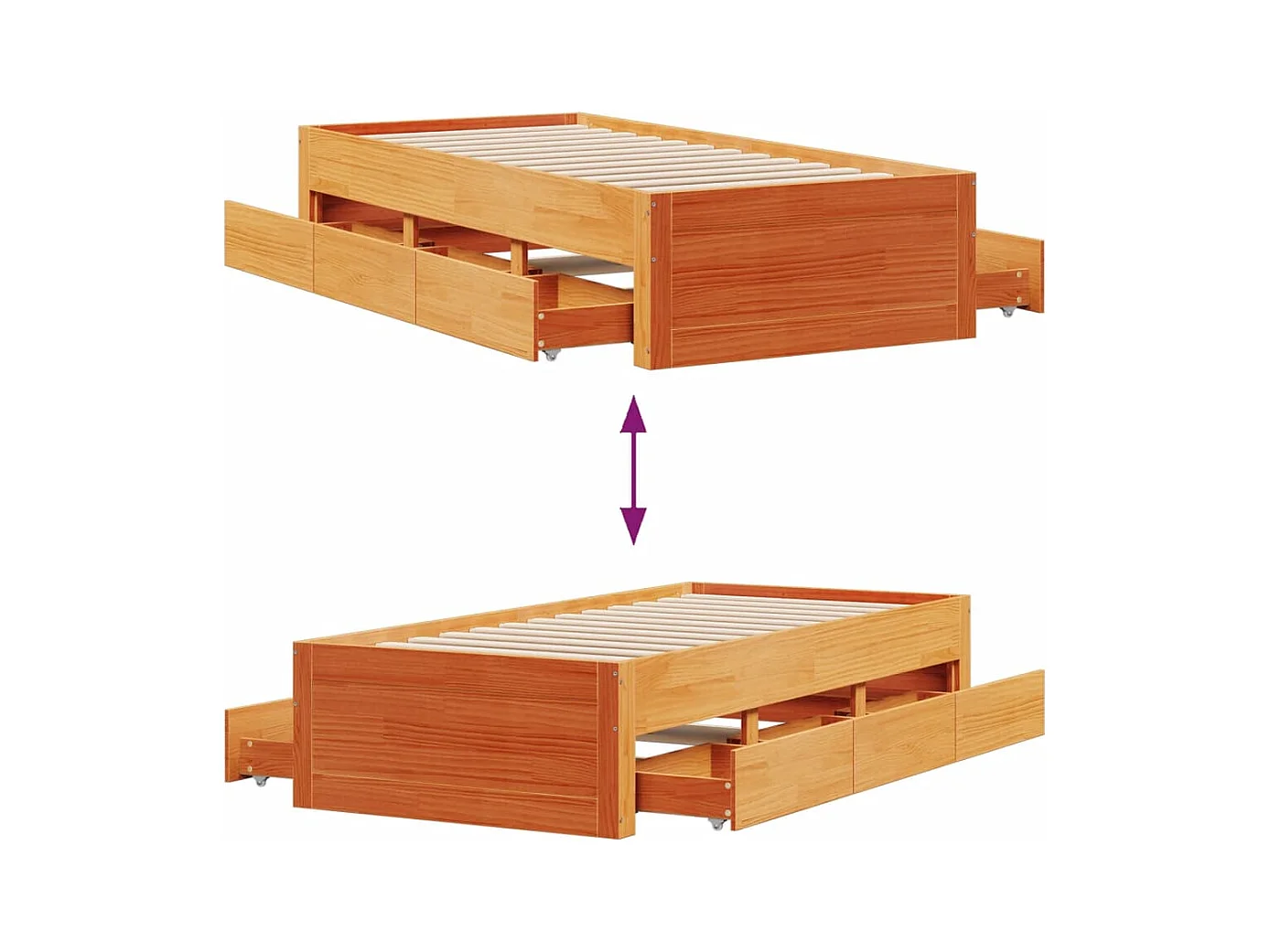 Cama sem colchão com gavetas madeira pinho maciça castanho-mel