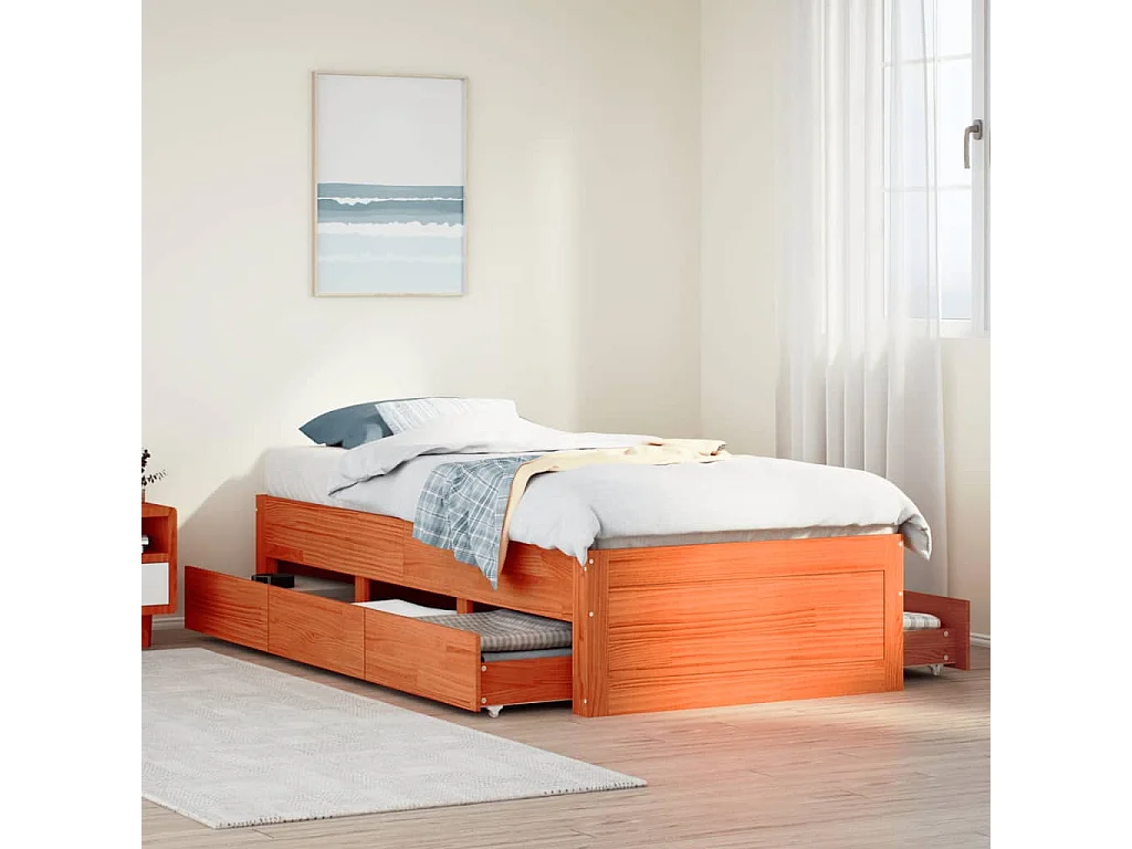 Cama sin colchón con cajones madera de pino marrón 90x190 cm