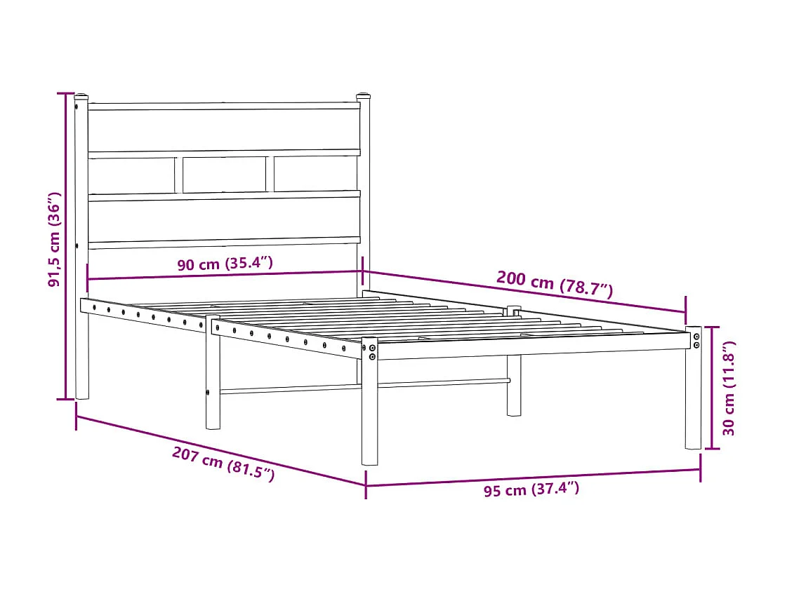 Cadre de lit en métal sans matelas chêne fumé 90x200 cm