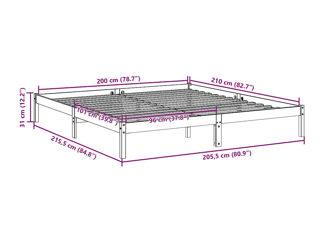 Cama extralarga sin colchón madera maciza pino blanca 200x210cm