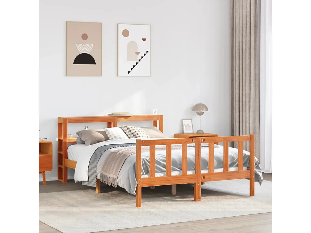 Estructura cama con cabecero madera pino marrón cera 160x200 cm