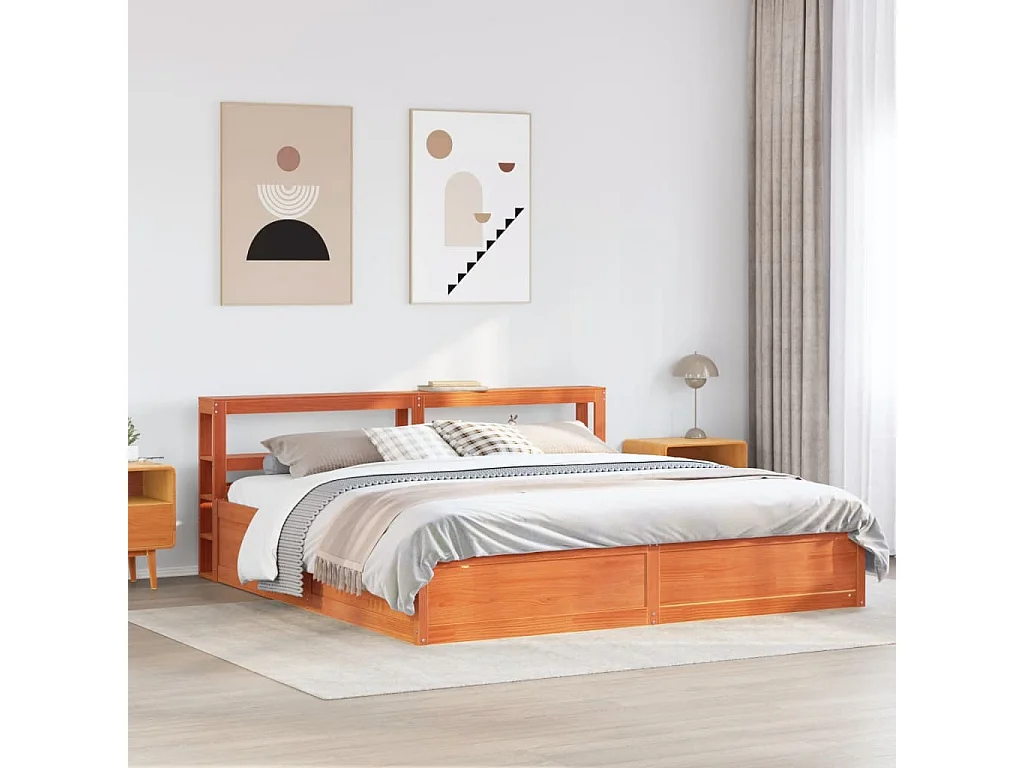Estructura cama con cabecero madera pino marrón cera 200x200 cm