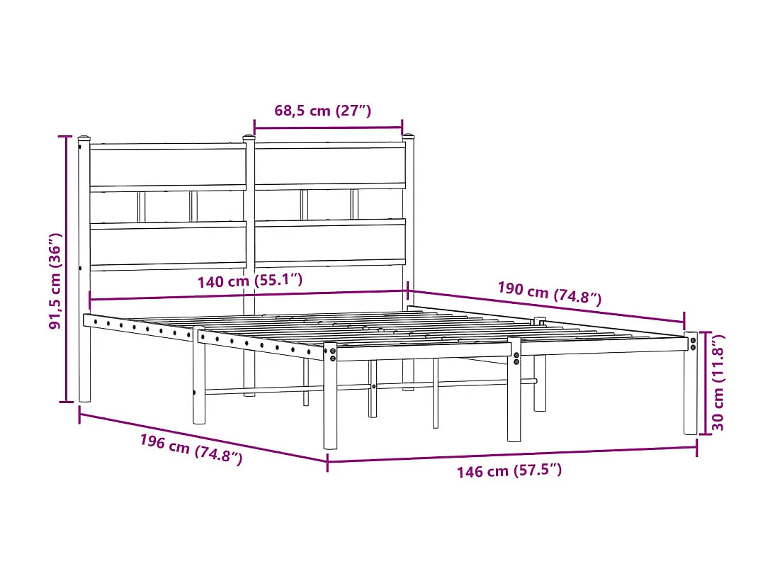 Cadre de lit en métal sans matelas chêne sonoma 140x190 cm