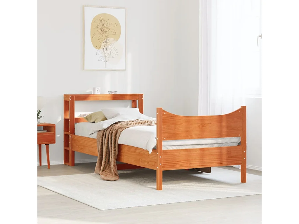 Estructura cama con cabecero madera pino marrón cera 75x190 cm