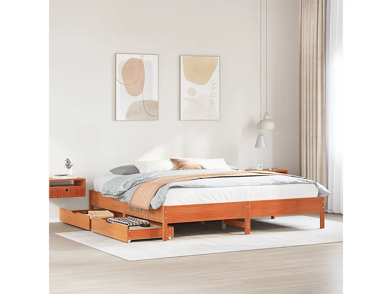 Cama sin colchón madera maciza de pino marrón cera 200x200 cm