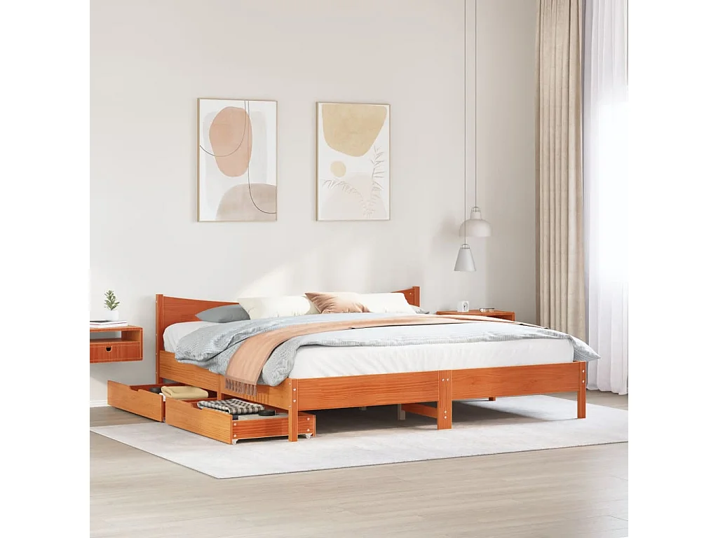 Estructura cama con cajones madera pino marrón cera 200x200 cm