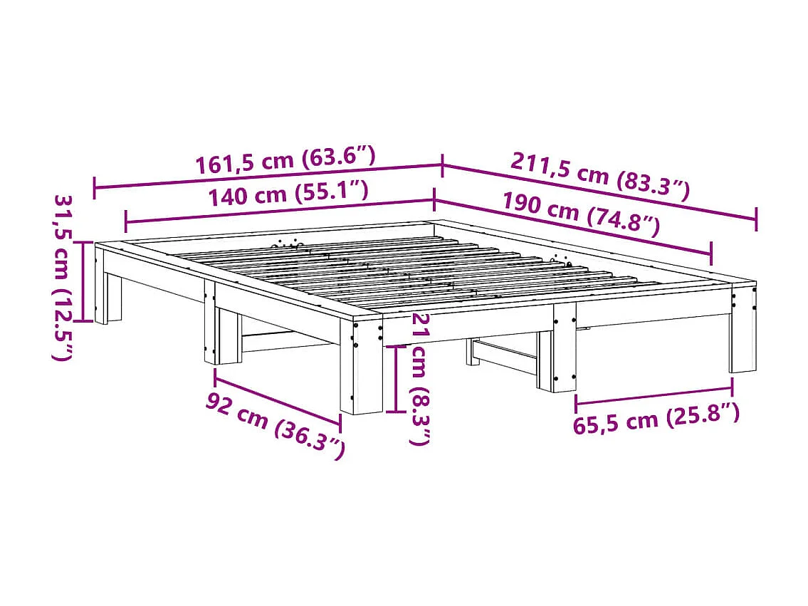 Estructura de cama sin colchón madera maciza de pino 140x190 cm