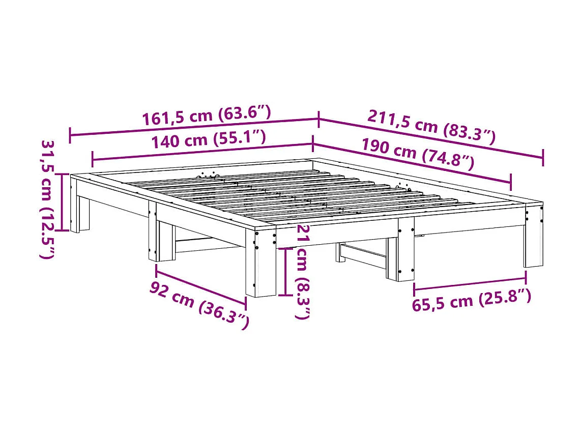 Estructura de cama sin colchón madera de pino blanca 140x190 cm
