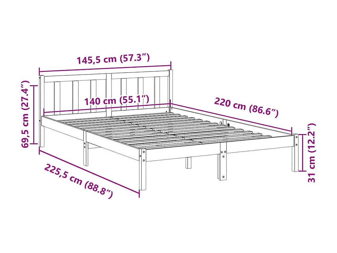 Cama extralarga sin colchón madera maciza pino blanca 140x220cm