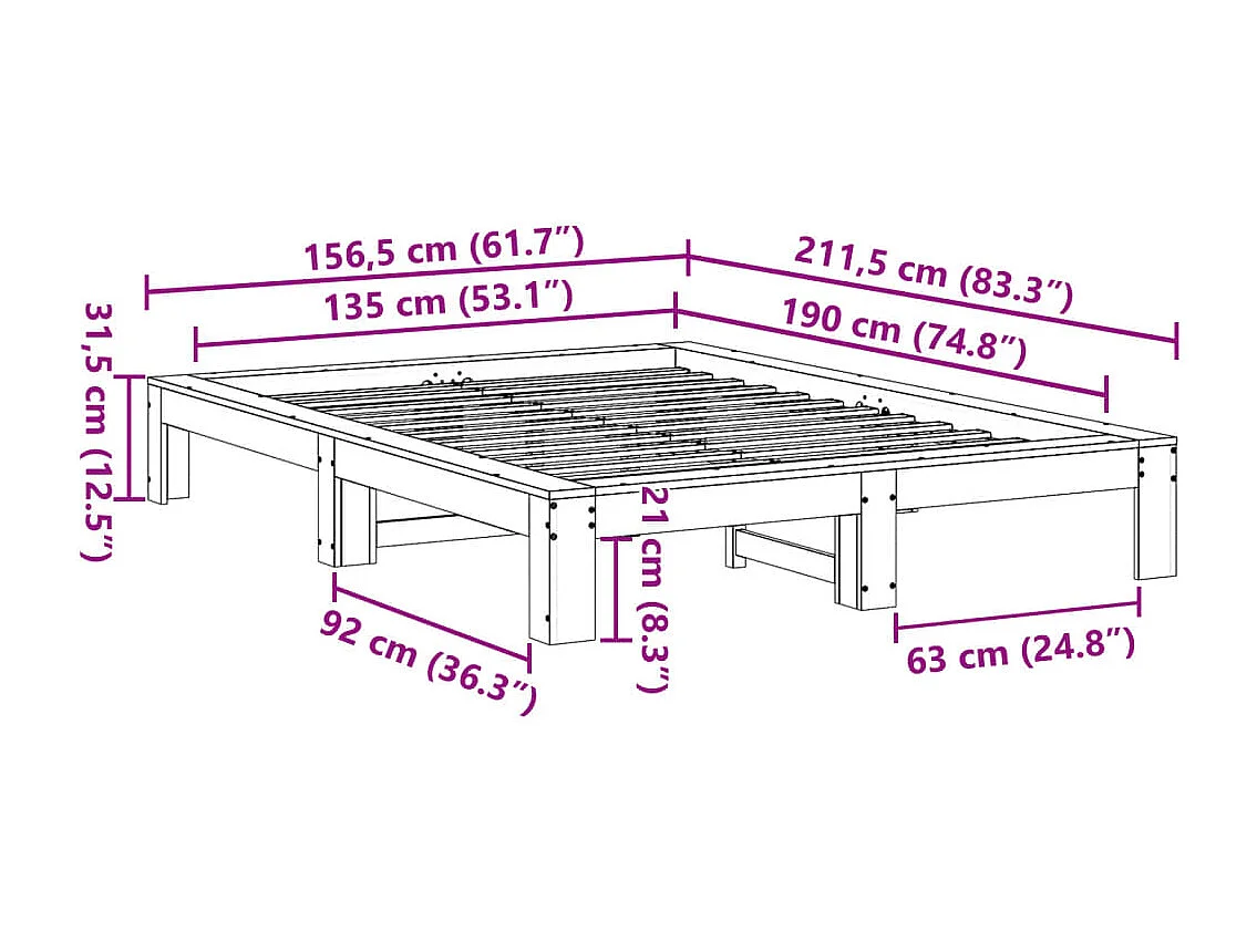 Estructura de cama sin colchón madera de pino blanco 135x190 cm