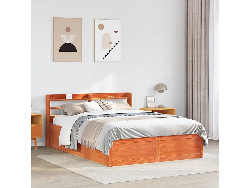 Estructura cama con cabecero madera pino marrón cera 140x190 cm
