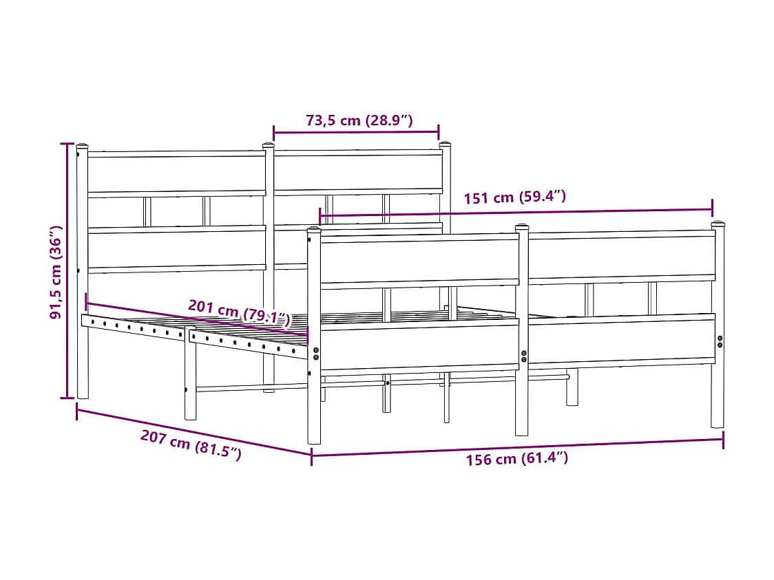 Estructura de cama sin colchón metal roble Sonoma 150x200 cm