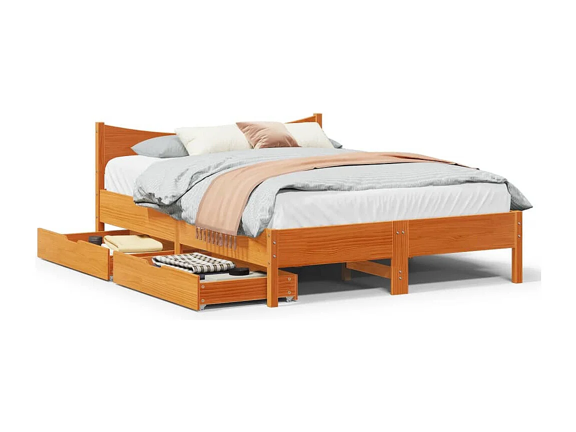 Cadre de lit avec tiroirs cire marron 160x200cm bois massif pin