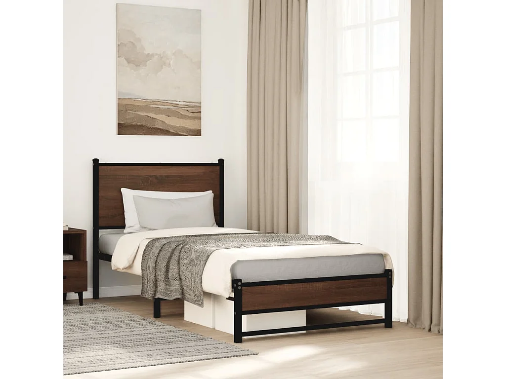 Estructura de cama con cabecero metal marrón roble 90x200 cm