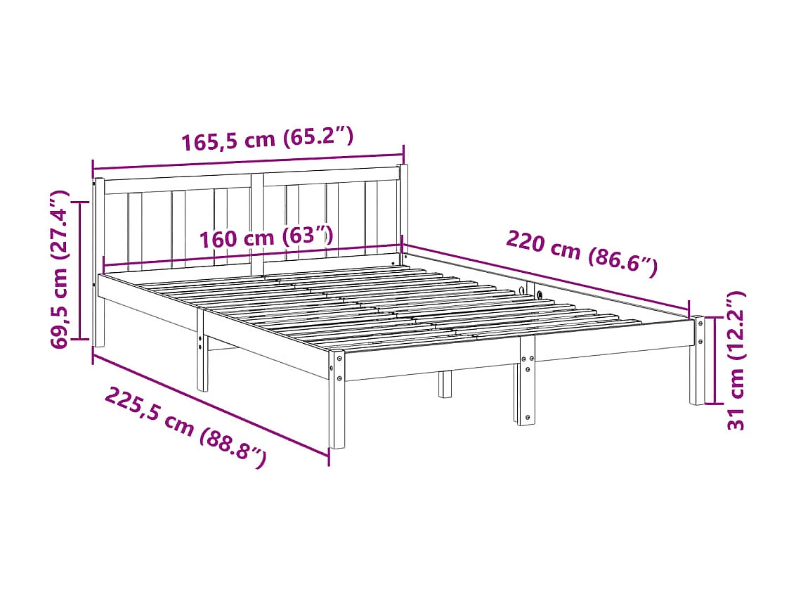 Cama extra longa sem colchão 160x220 cm pinho maciço branco