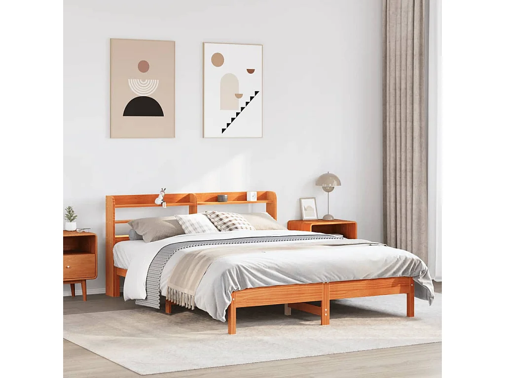 Cama sin colchón madera maciza de pino marrón cera 160x200 cm