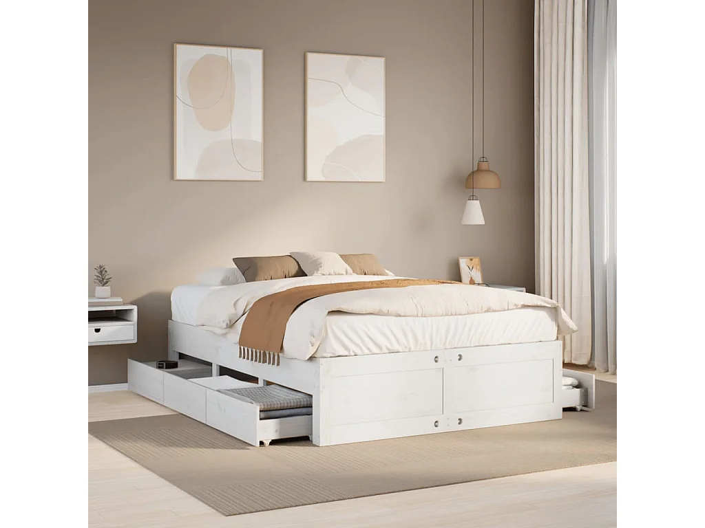 Cama sem colchão com gavetas 140x200 cm pinho maciço branco