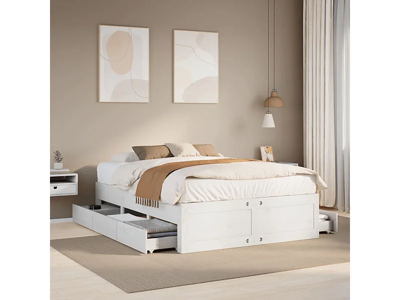 Cama sem colchão com gavetas 140x200 cm pinho maciço branco