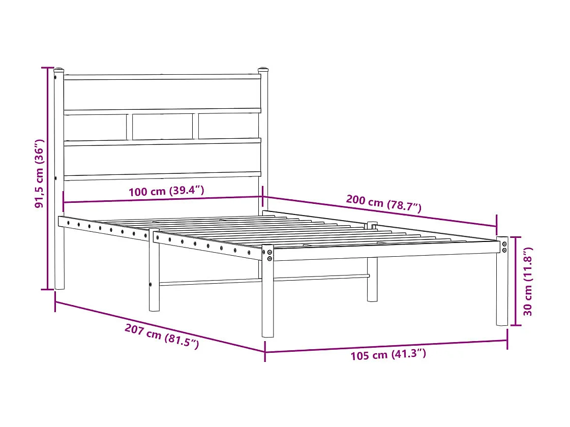 Estructura de cama sin colchón metal roble ahumado 100x200 cm