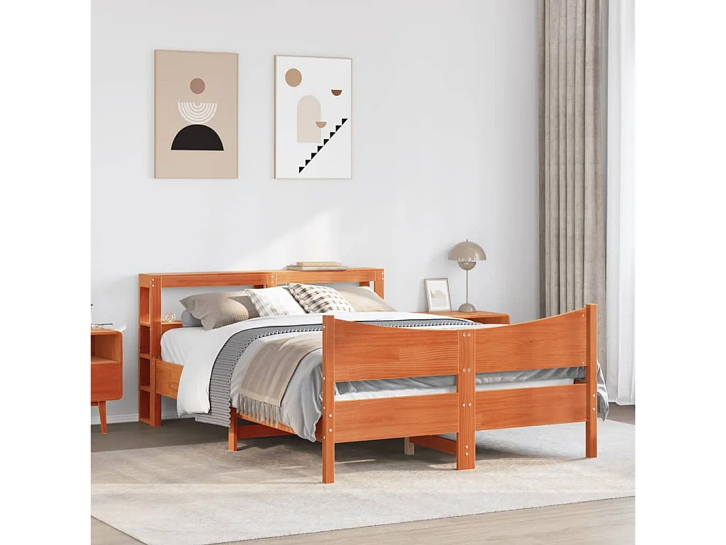 Estructura cama con cabecero madera pino marrón cera 140x190 cm