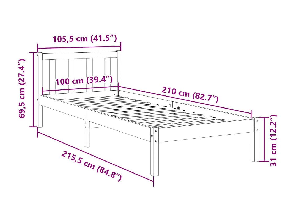 Cama extra longa sem colchão 100x210 cm pinho maciço branco