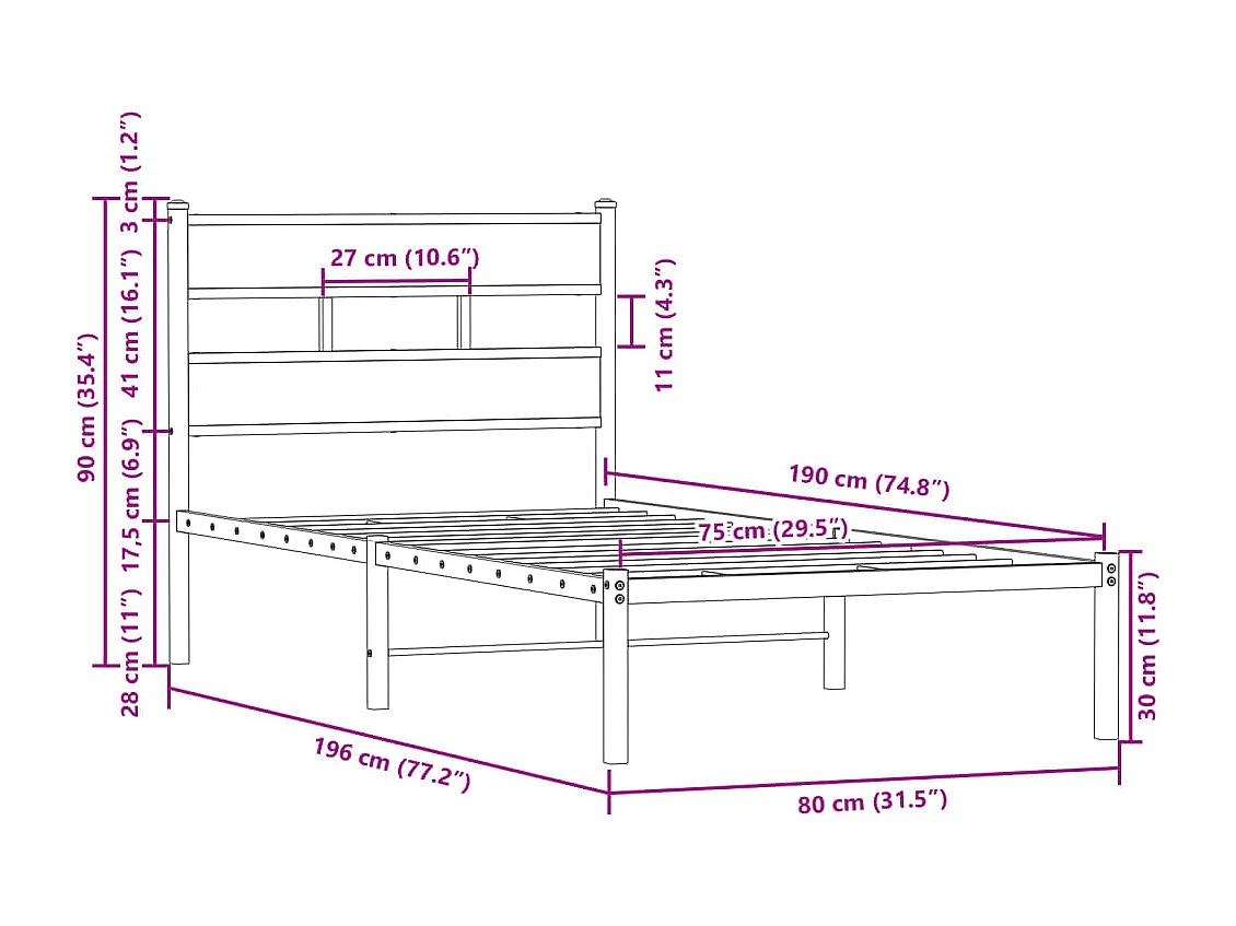 Estructura cama con cabecero sin colchón marrón roble 75x190 cm