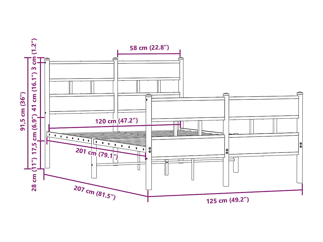 Estructura de cama con cabecero y pie sin colchón 120x200cm