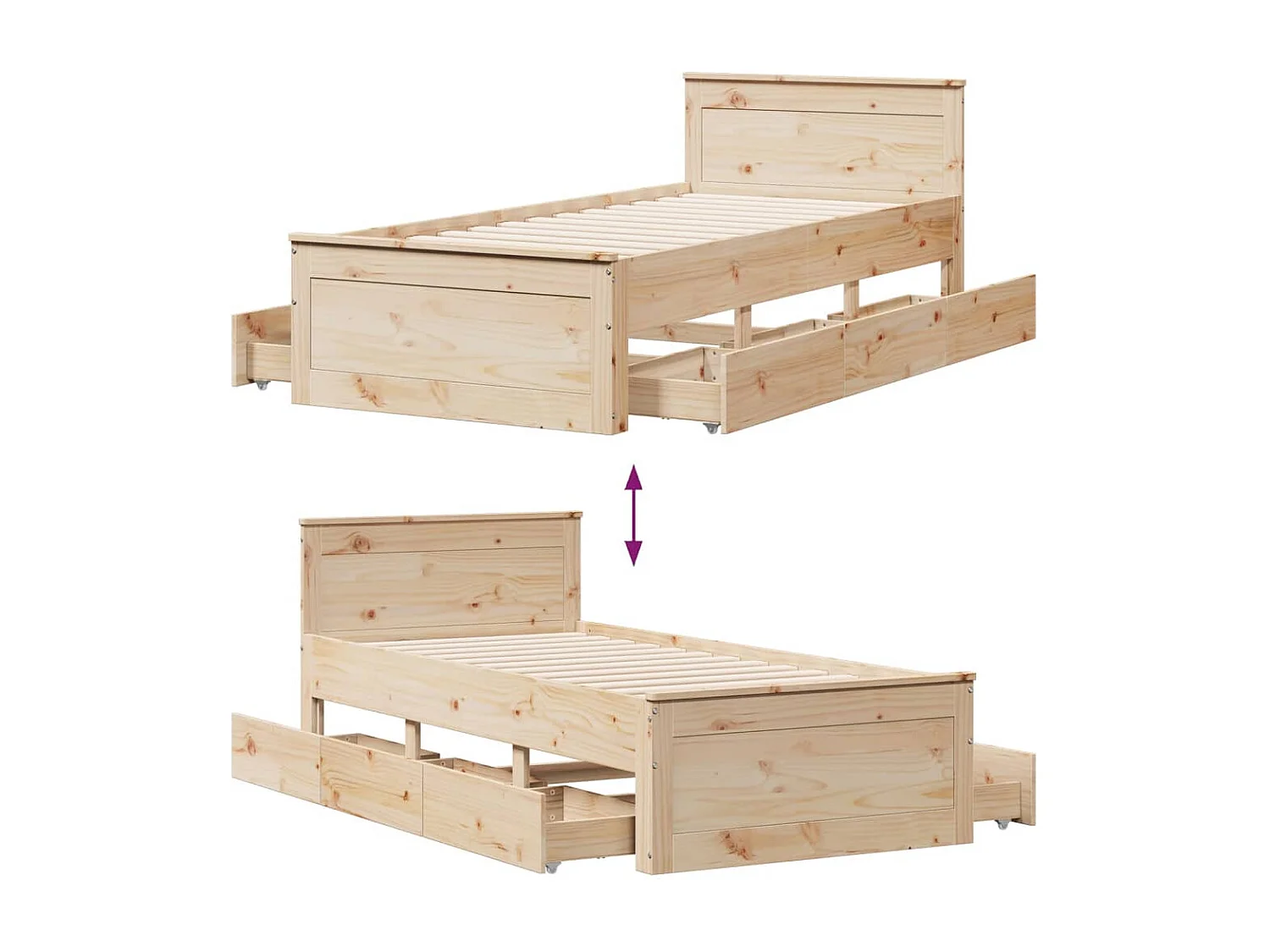 Cama sin colchón y cabecero madera maciza pino 75x190 cm