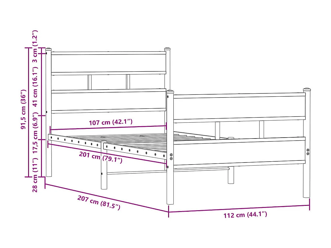 Estructura de cama con cabecero y pie sin colchón 107x203cm