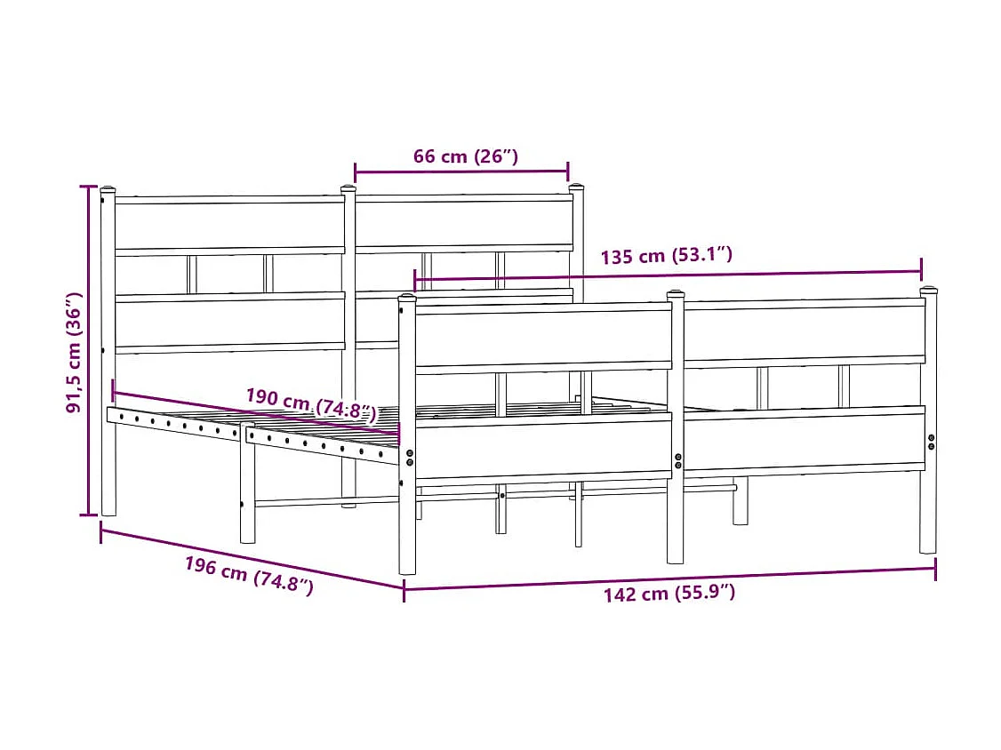 Estructura de cama sin colchón metal roble Sonoma 135x190 cm
