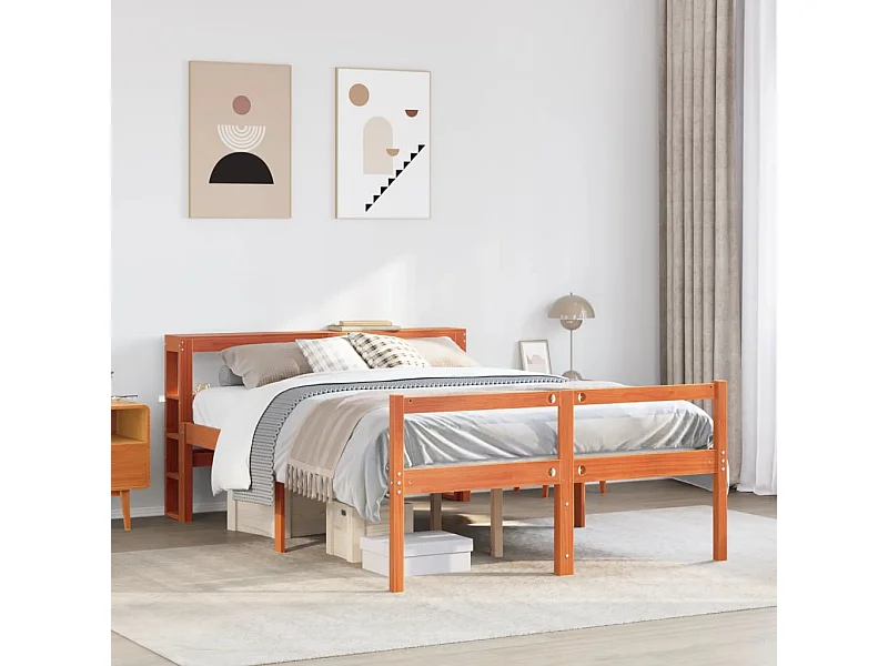 Estructura cama con cabecero madera pino marrón cera 135x190 cm