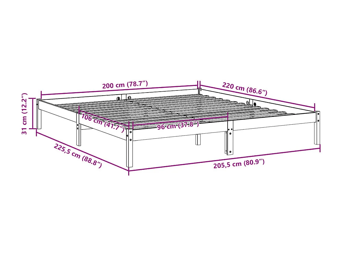 Cadre de lit extra long sans matelas 200x220 cm bois massif pin