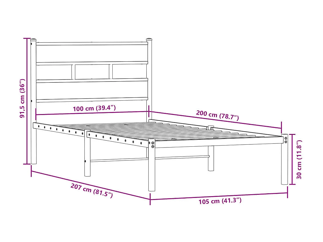 Estructura de cama sin colchón metal roble Sonoma 100x200 cm