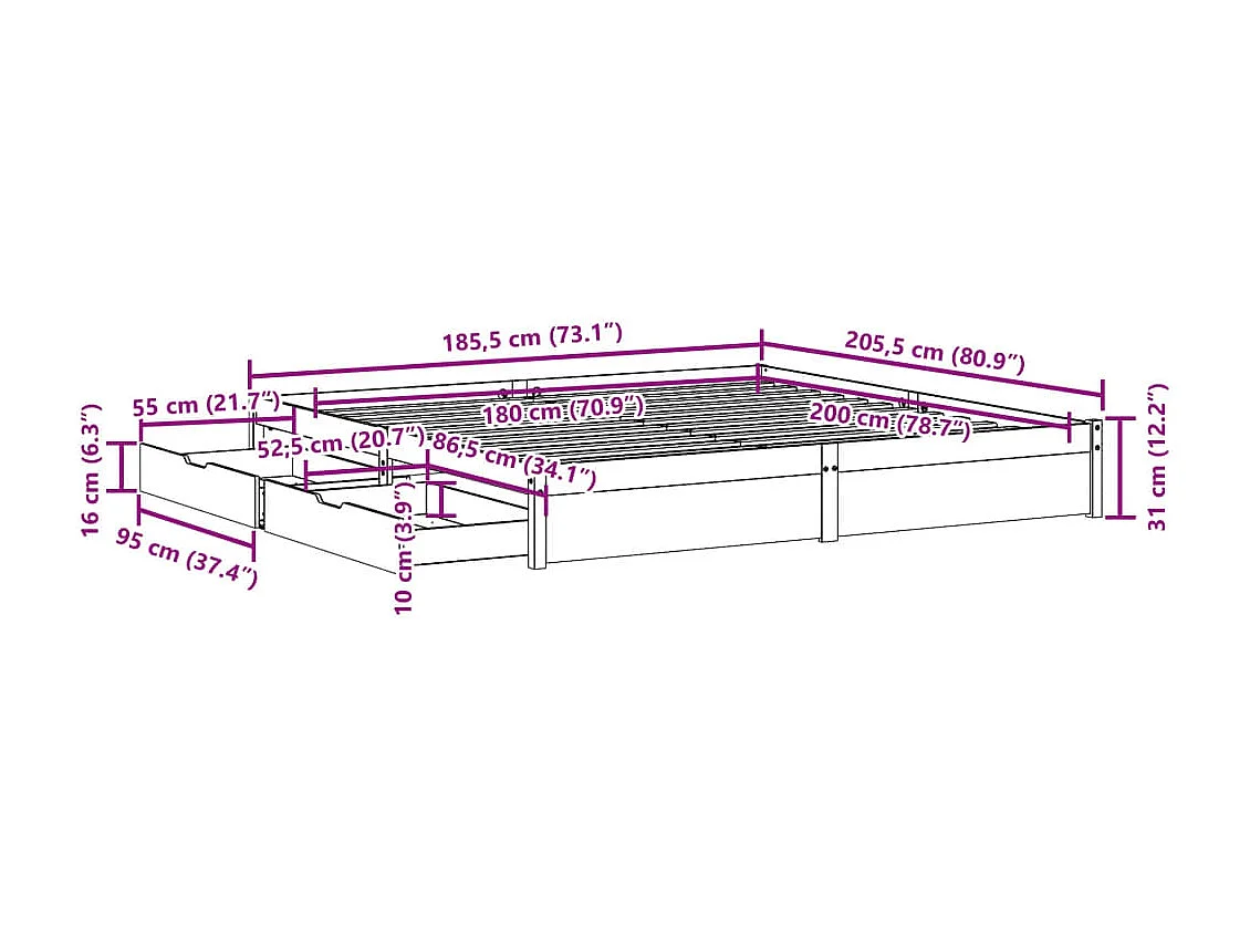 Cadre de lit sans matelas 180x200 cm bois massif de pin