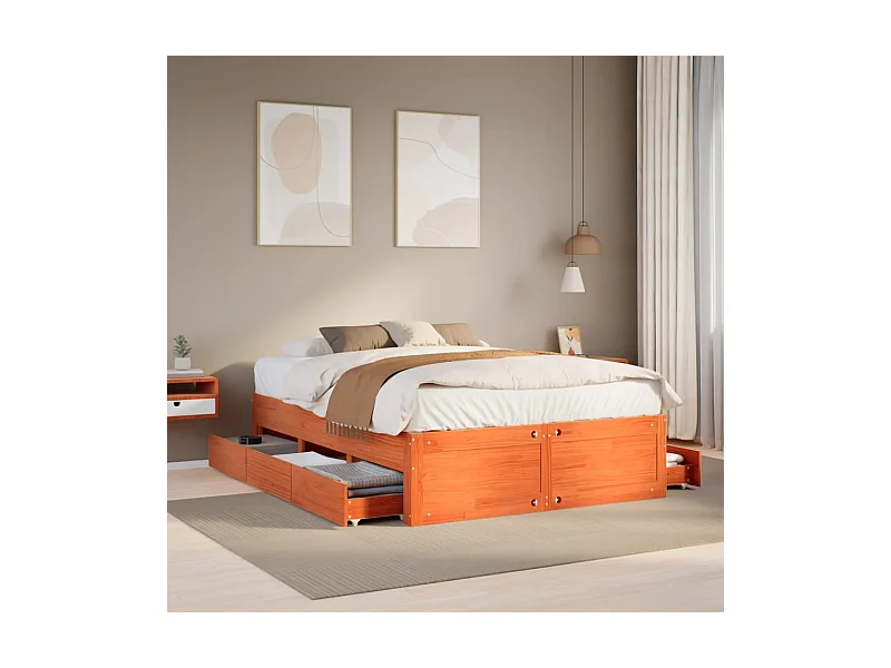 Cama sem colchão com gavetas madeira pinho maciça castanho-mel