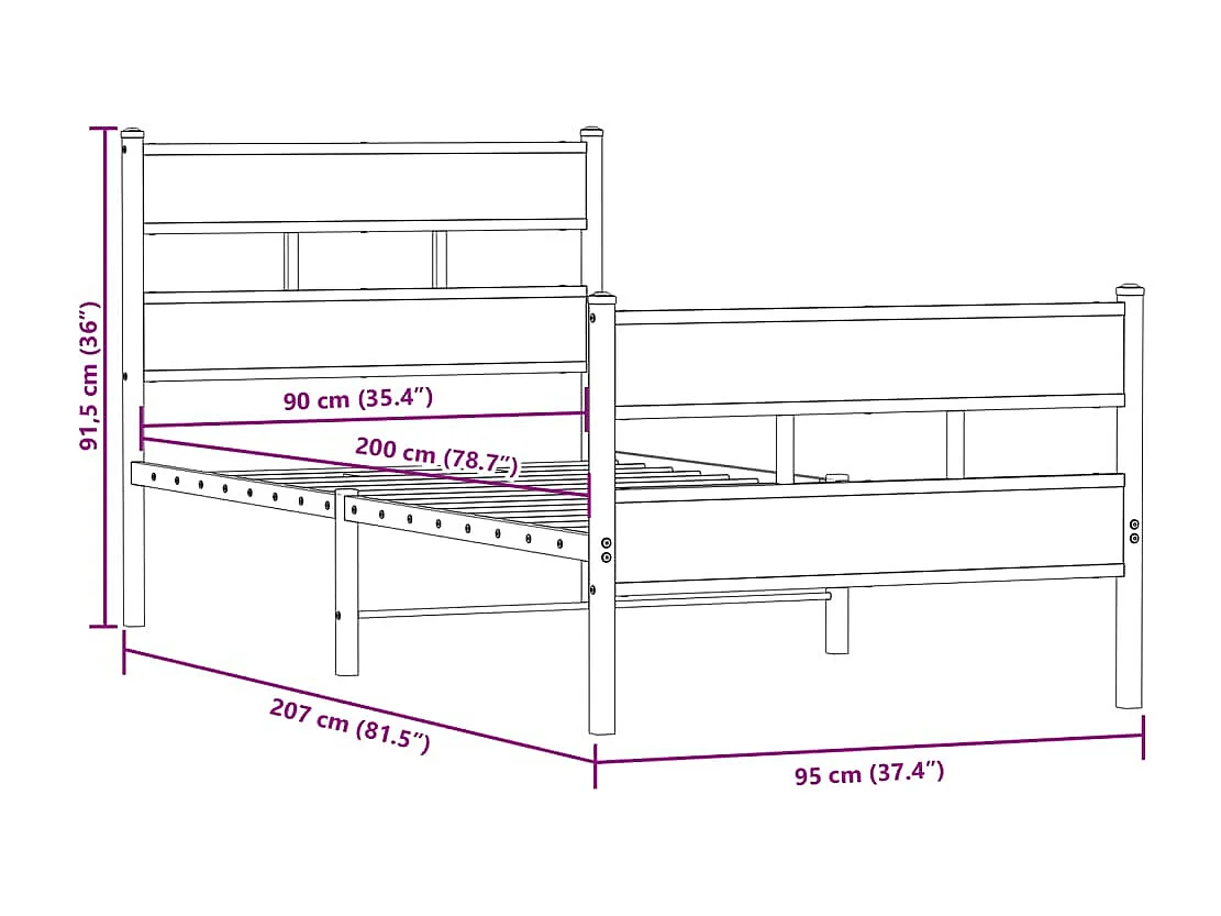 Estructura de cama sin colchón metal roble ahumado 90x200 cm