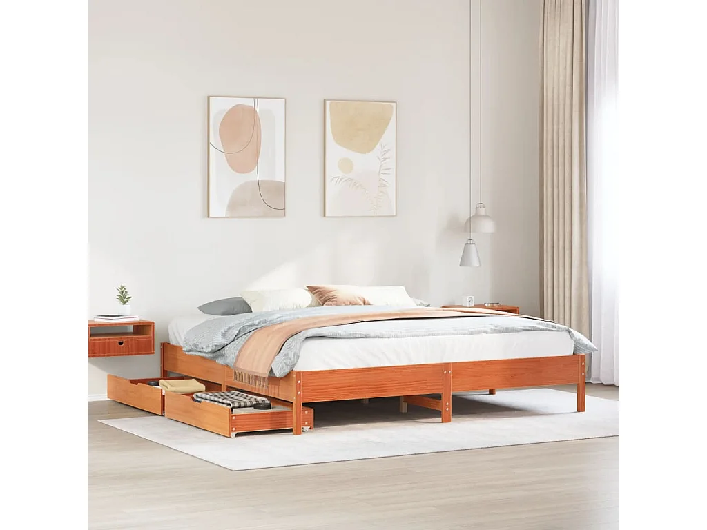 Cama sin colchón madera maciza de pino marrón cera 180x200 cm