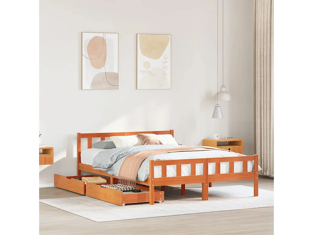 Cama sin colchón madera maciza de pino marrón cera 160x200 cm